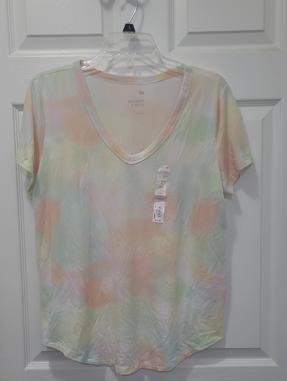 SO Pastel Tie-Dye V-Neck Short Sleeve Top - Mint, Peach, Lavender